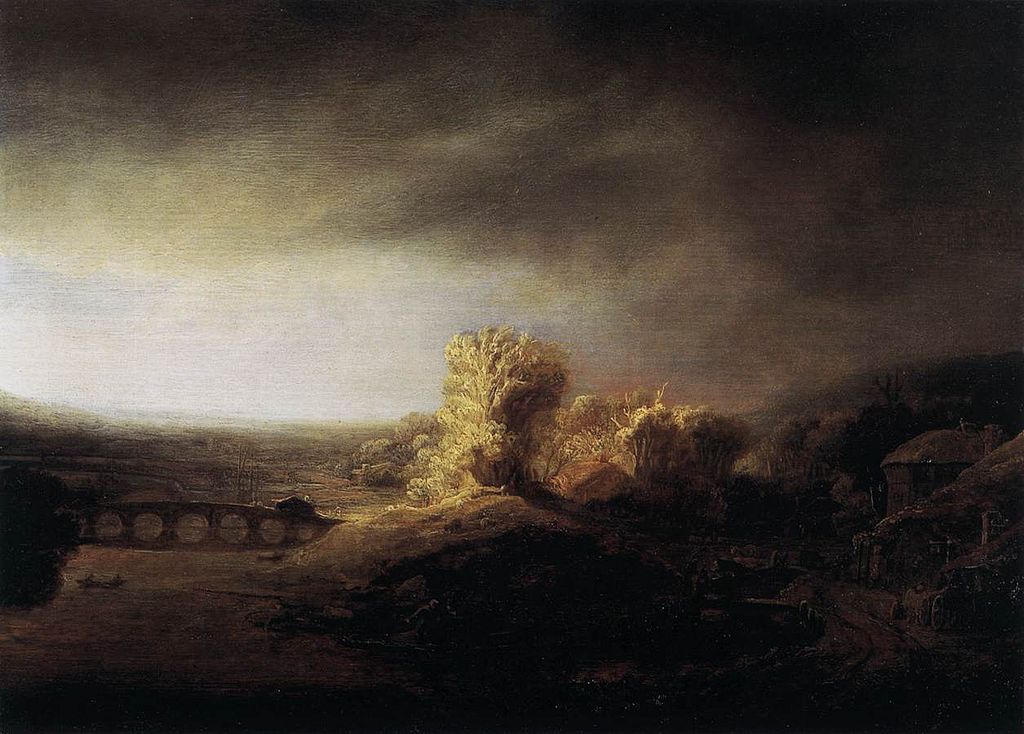 Landscape with a Seven-Arched Bridge, vintage artwork by Attributed to Govaert Flinck, 12x8" (A4) Poster