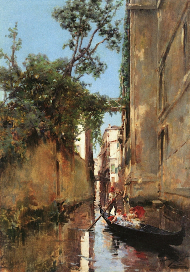 Ladies in a Gondola, Venice, vintage artwork by Manuel Ramírez-Ibáñez, 12x8" (A4) Poster