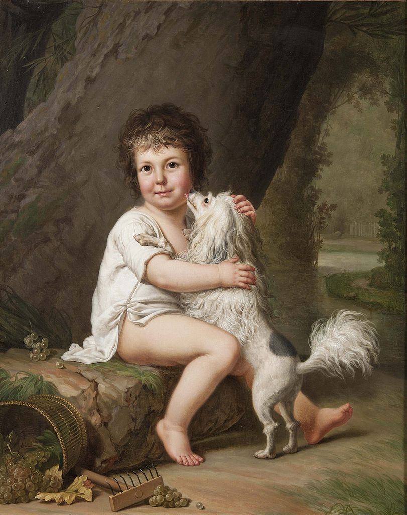 Two-year-old Henri Bertholet-Campan with his dog Aline, vintage artwork by Adolf Ulrik Wertmuller, 12x8" (A4) Poster