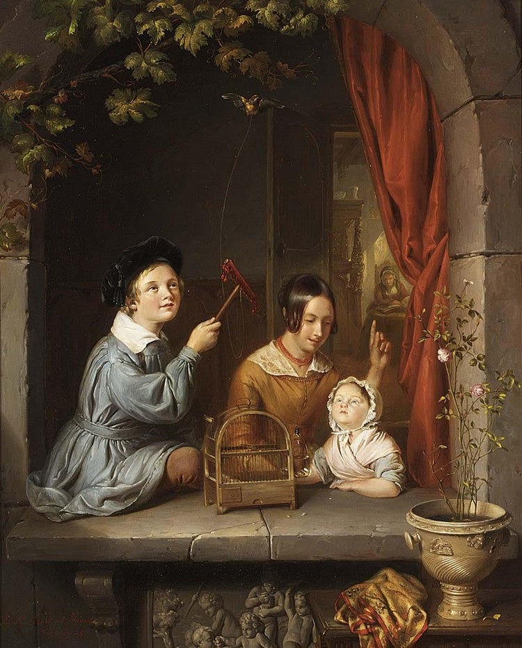 Playing with a Pet Bird, vintage artwork by Elisabeth Alida Haanen, A3 (16x12") Poster Print