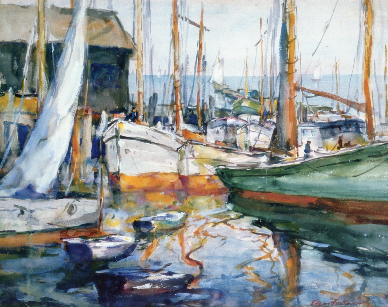 Boats at Seattle Watterfront, vintage artwork by Edgar Forkner, 12x8" (A4) Poster
