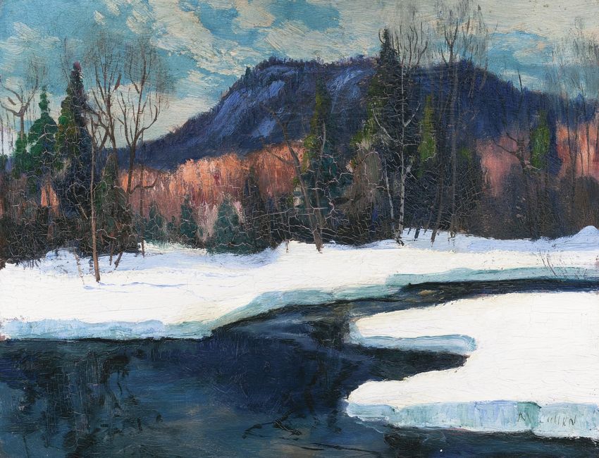 Winter Landscape with a River, vintage artwork by Maurice Cullen, 12x8" (A4) Poster