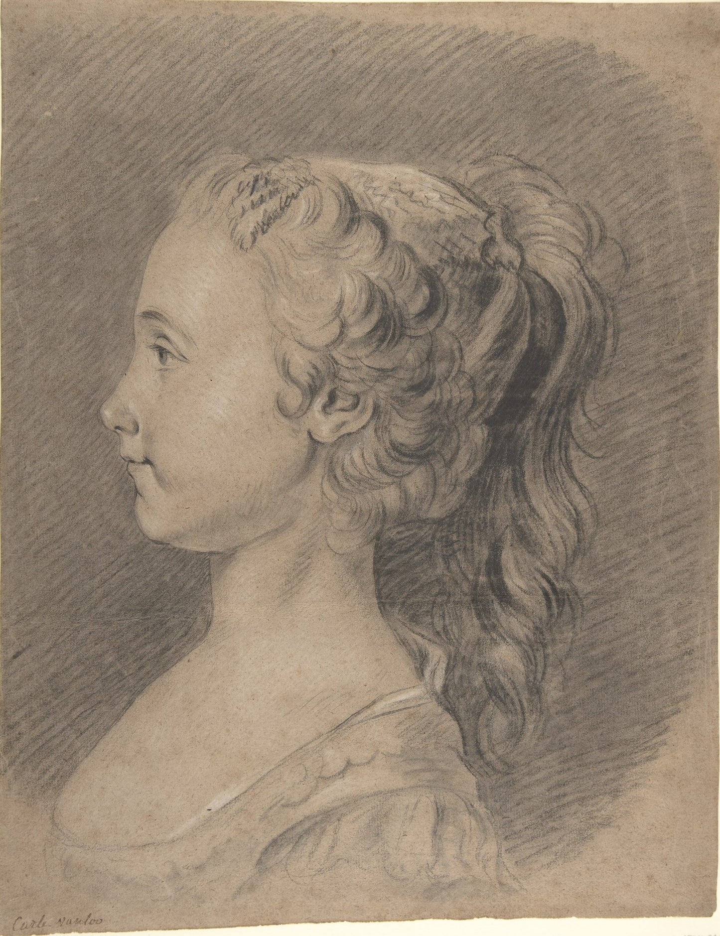Bust of a Young Girl, Profile to Left, vintage artwork by Carle van Loo, 12x8" (A4) Poster