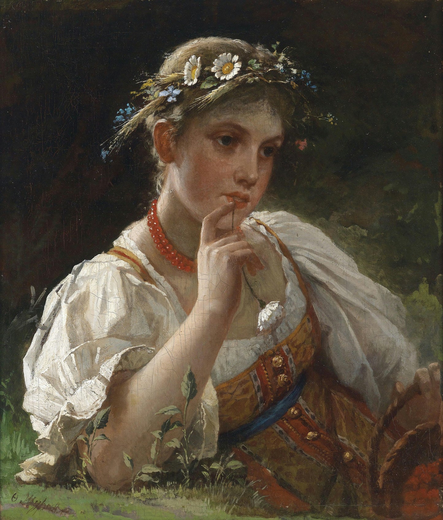 Girl with a Wreath of Flowers, vintage artwork by Firs Sergeevich Zhuravlev, 12x8" (A4) Poster