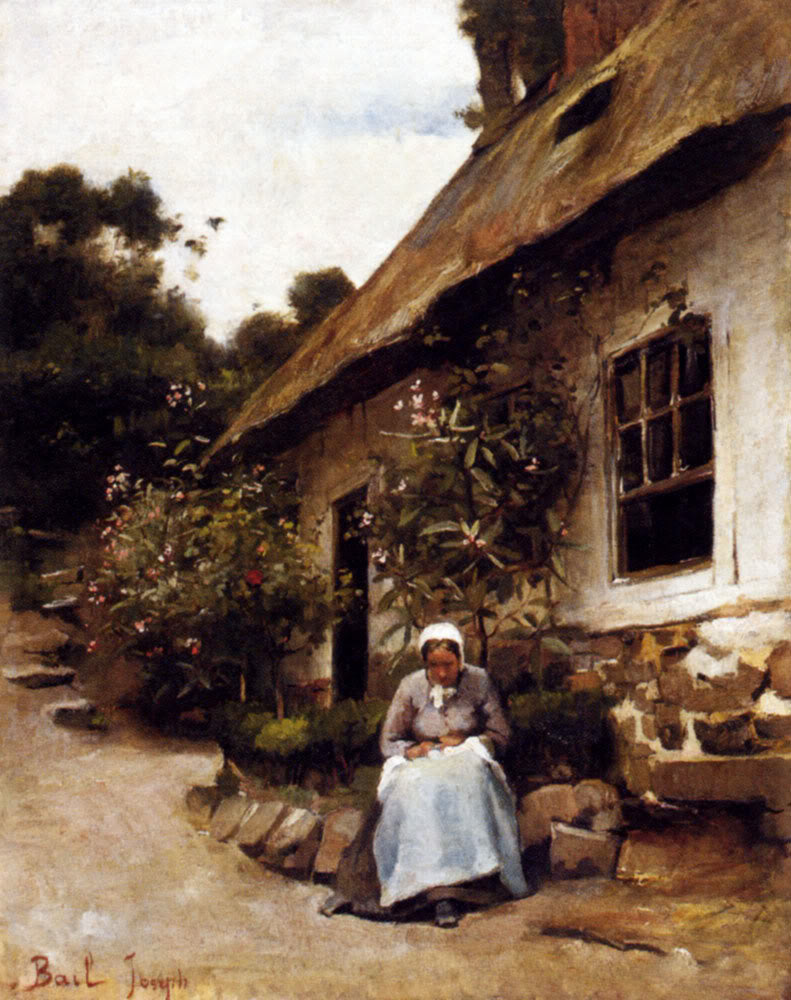 Women Sewing in Front of Her Cottage by Claude Joseph Bail,A3(16x12")Poster