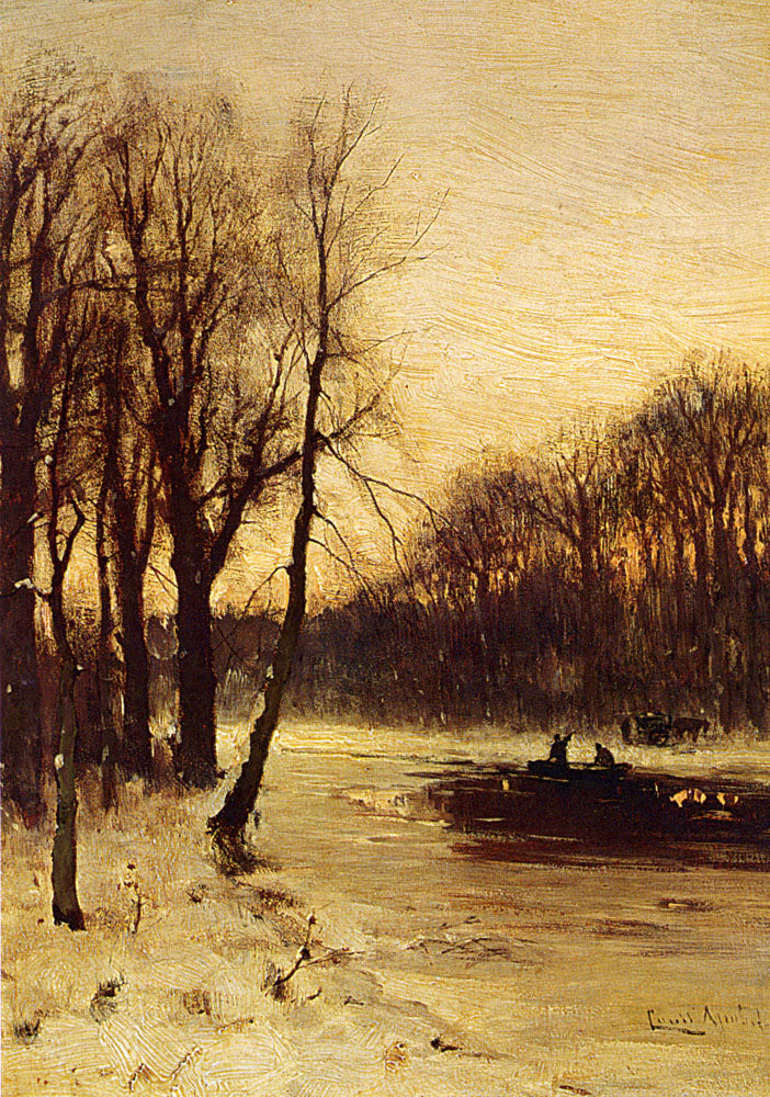 Figures in a Winter Landscape at Dusk, vintage artwork by Louis Apol, 12x8" (A4) Poster