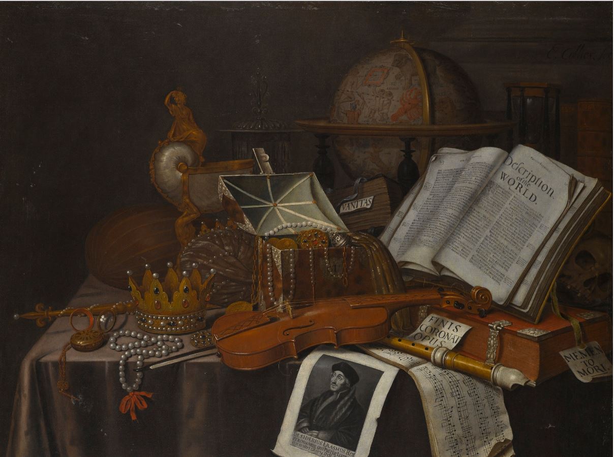 Still Life with a Crown and Sceptre, a Violin, a Jewel Casket, a Nautilus Cup and a Print of Erasmus, vintage artwork by Edwaert Collier, 12x8" (A4) Poster