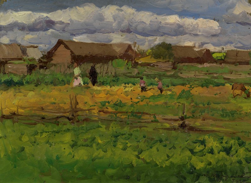 Landscape with Field and Houses, vintage artwork by Leonard Turzhansky, 12x8" (A4) Poster