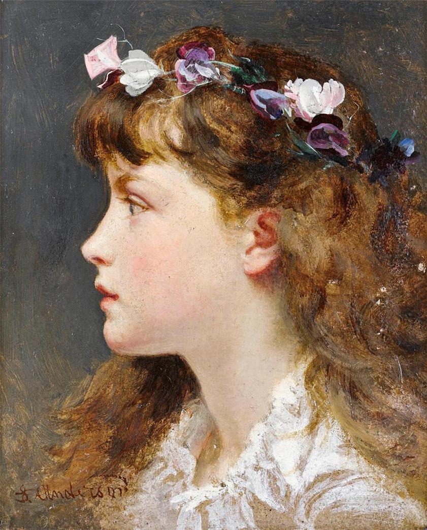 A young girl with a garland of flowers in her hair, vintage artwork by Sophie Gengembre Anderson, 12x8" (A4) Poster
