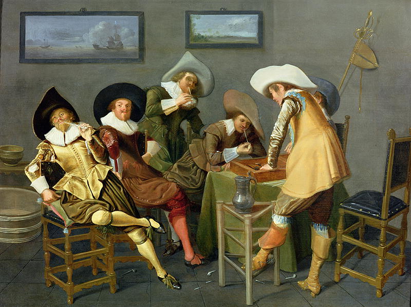 Gentlemen Smoking and Playing Backgammon in an Interior, vintage artwo ...