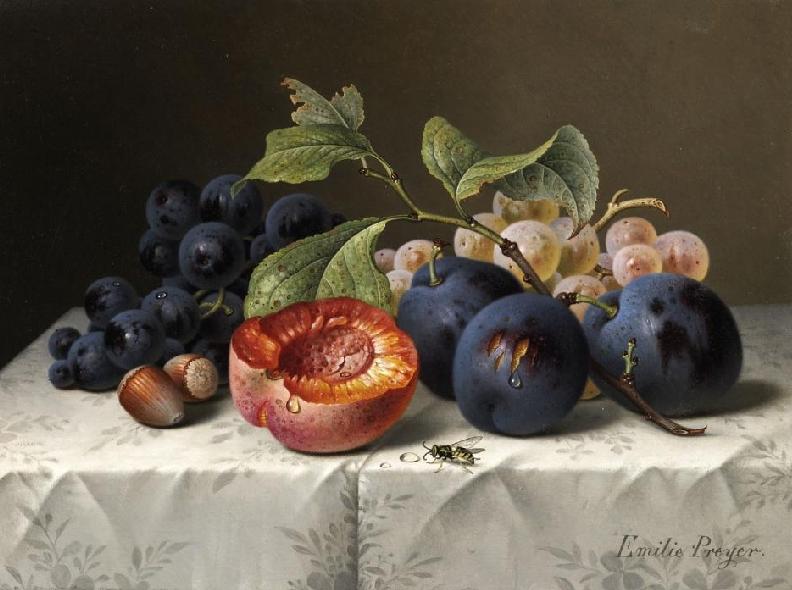 Still Life with Grapes and Apricots, vintage artwork by Emilie Preyer, 12x8" (A4) Poster