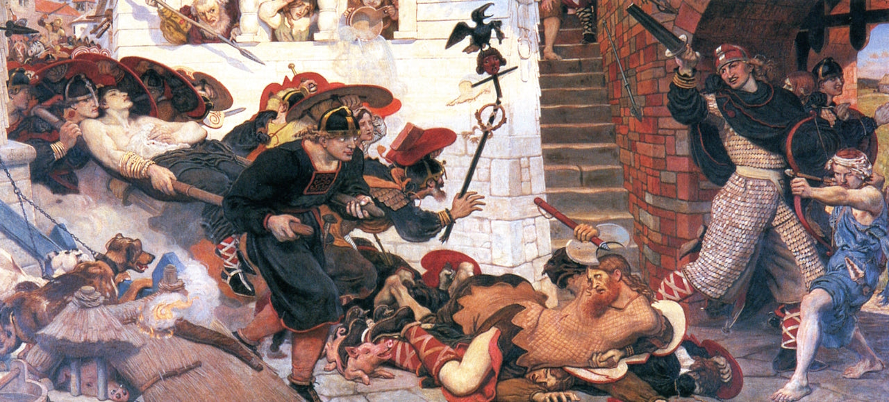 The Expulsion of the Danes from Manchester, 910 AD, vintage artwork by Ford Madox Brown, A3 (16x12") Poster Print
