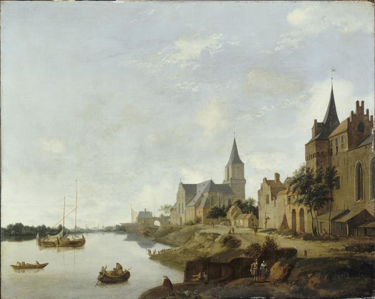The Rhine at Emmerich, Germany with the Church of Saint Martin, vintage artwork by Jan van der Heyden, 12x8" (A4) Poster