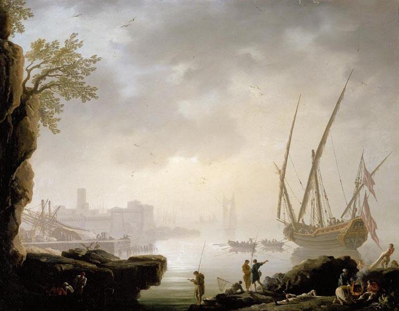 A Coastal Landscape with a Harbour in the Early Morning, vintage artwork by Claude-Joseph Vernet, 12x8" (A4) Poster