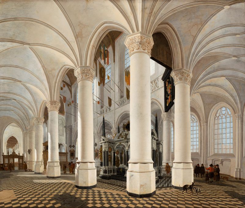 Ambulatory of the Nieuwe Kerk in Delft, with the Tomb of William the Silent, vintage artwork by Gerard Houckgeest, 12x8" (A4) Poster
