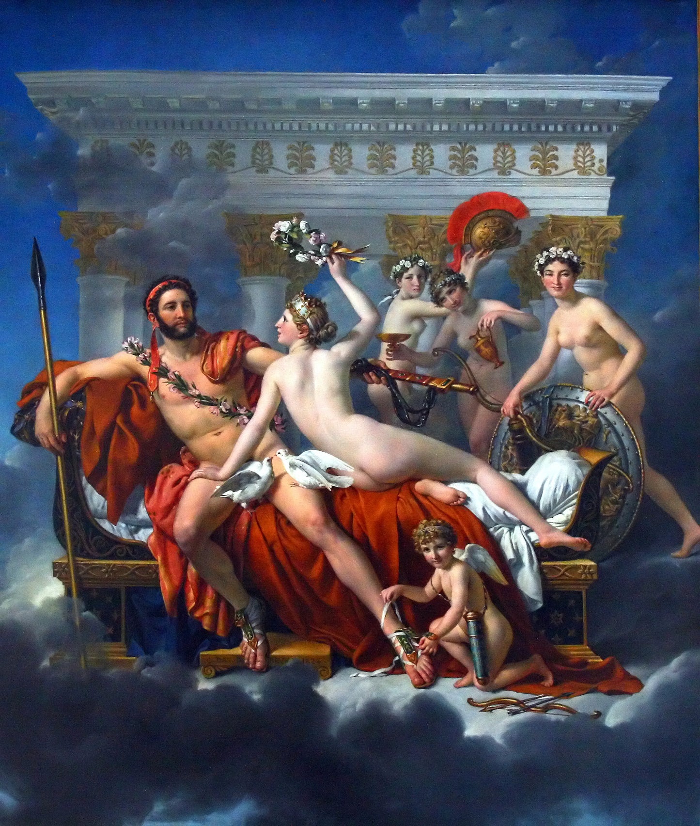 Mars Disarmed by Venus and the Three Graces, vintage artwork by Jacques-Louis David, 12x8" (A4) Poster