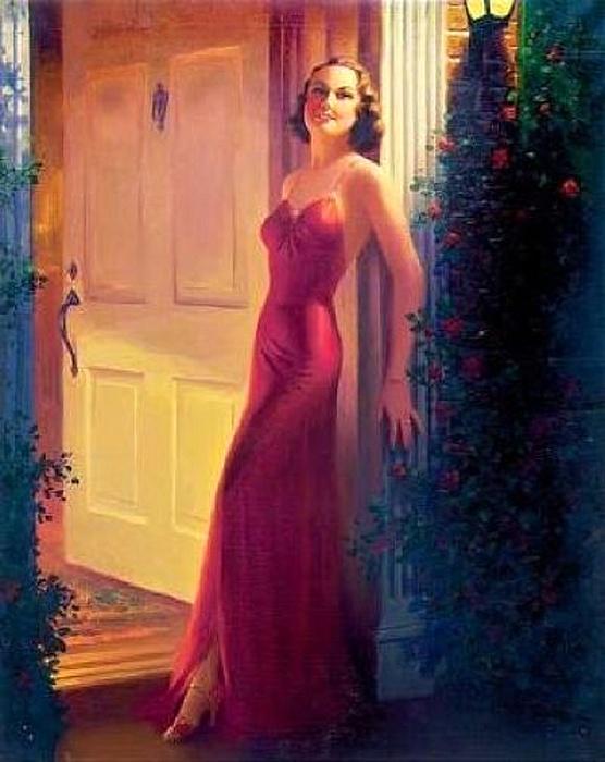 n In Red Gown Standing At The Door by Edward Mason Eggleston,16x12(A3) Poster
