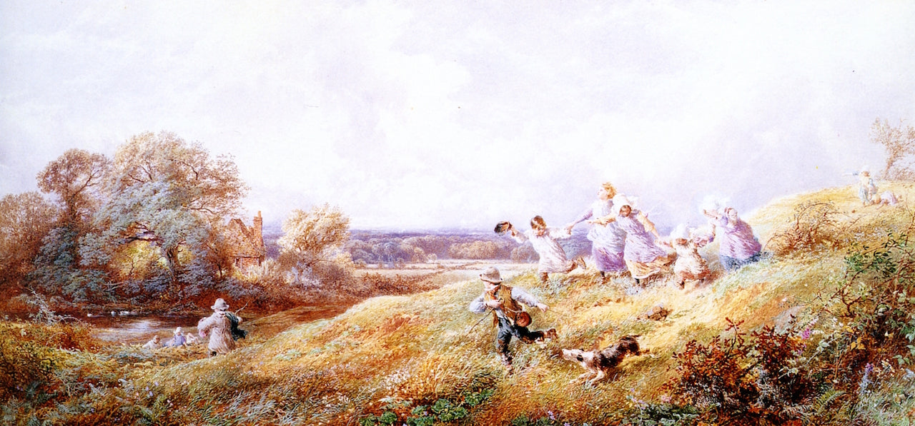 Children Running down a Hill, vintage artwork by Myles Birket Foster, 12x8" (A4) Poster