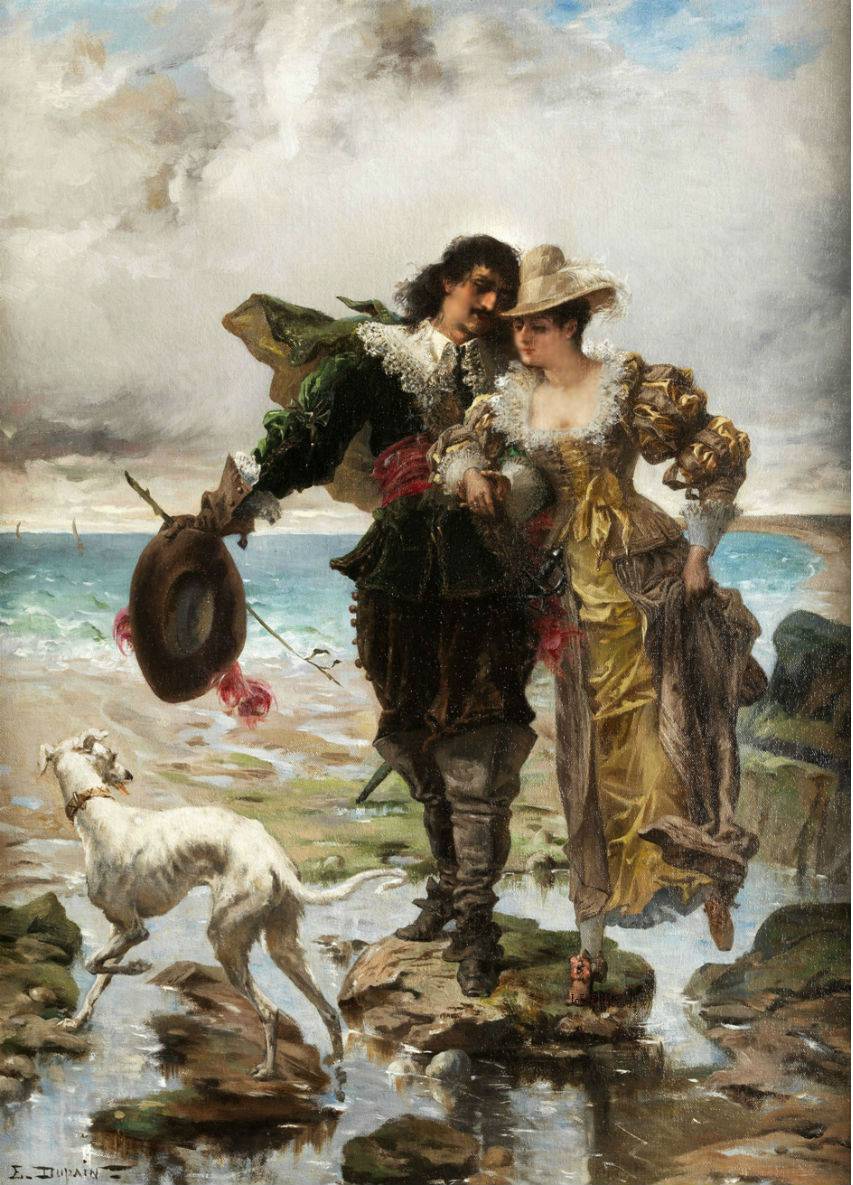 Romantic Scene on the Сoast, vintage artwork by Edmond-Louis Dupain, 12x8" (A4) Poster