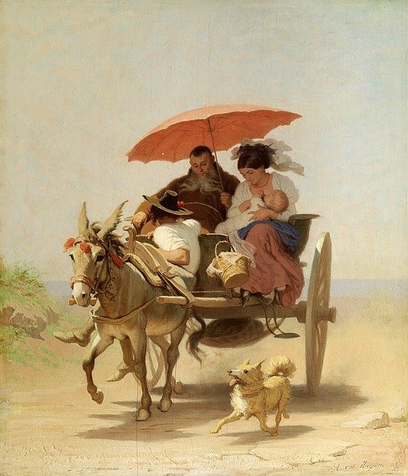 Donkey Cart with a Capuchin Friar and a Young Mother, vintage artwork by Alfred Jacques van Muyden, A3 (16x12") Poster Print