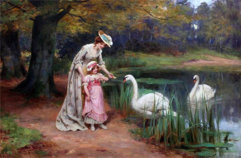 Feeding the Swans, vintage artwork by George Sheridan Knowles, 12x8" (A4) Poster