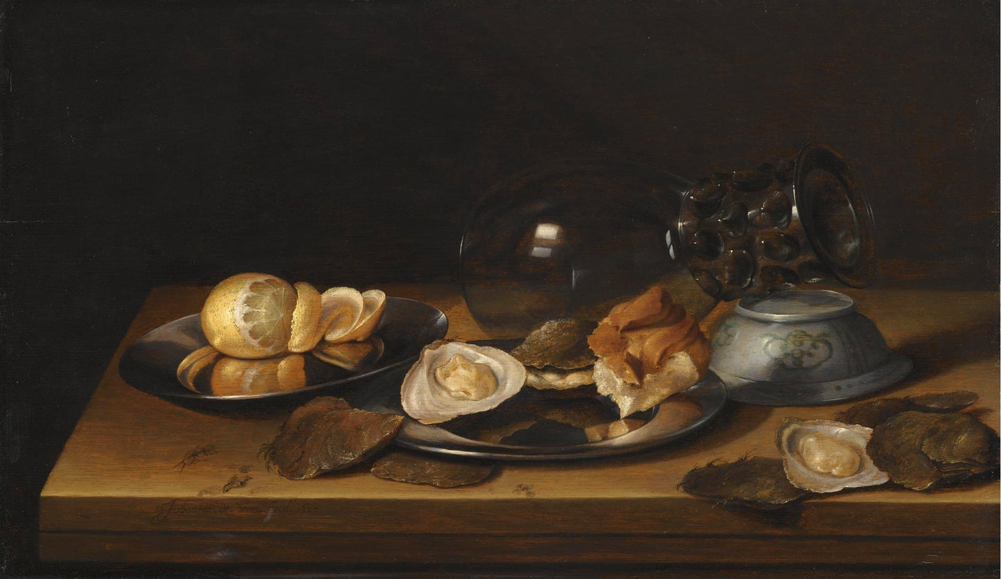 Still life with a Roemer on its Side, Two Pewter Plates, an Oyster and a Bread Roll, vintage artwork by Jan Davidsz. de Heem, 12x8" (A4) Poster