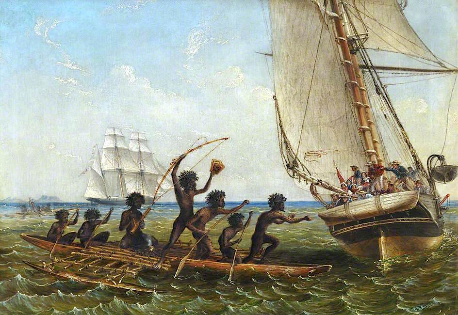 Aboriginal Canoes Communicating with the 'Monarch' and the 'Tom Tough', 28 August 1855, vintage artwork by Thomas Baines, A3 (16x12") Poster Print