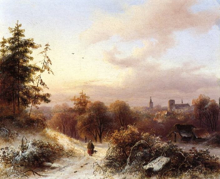 Winter: A Peasant on a Path in a Wooded Landscape, a Town in the Background, vintage artwork by Alexander Joseph Daiwaille, A3 (16x12") Poster Print
