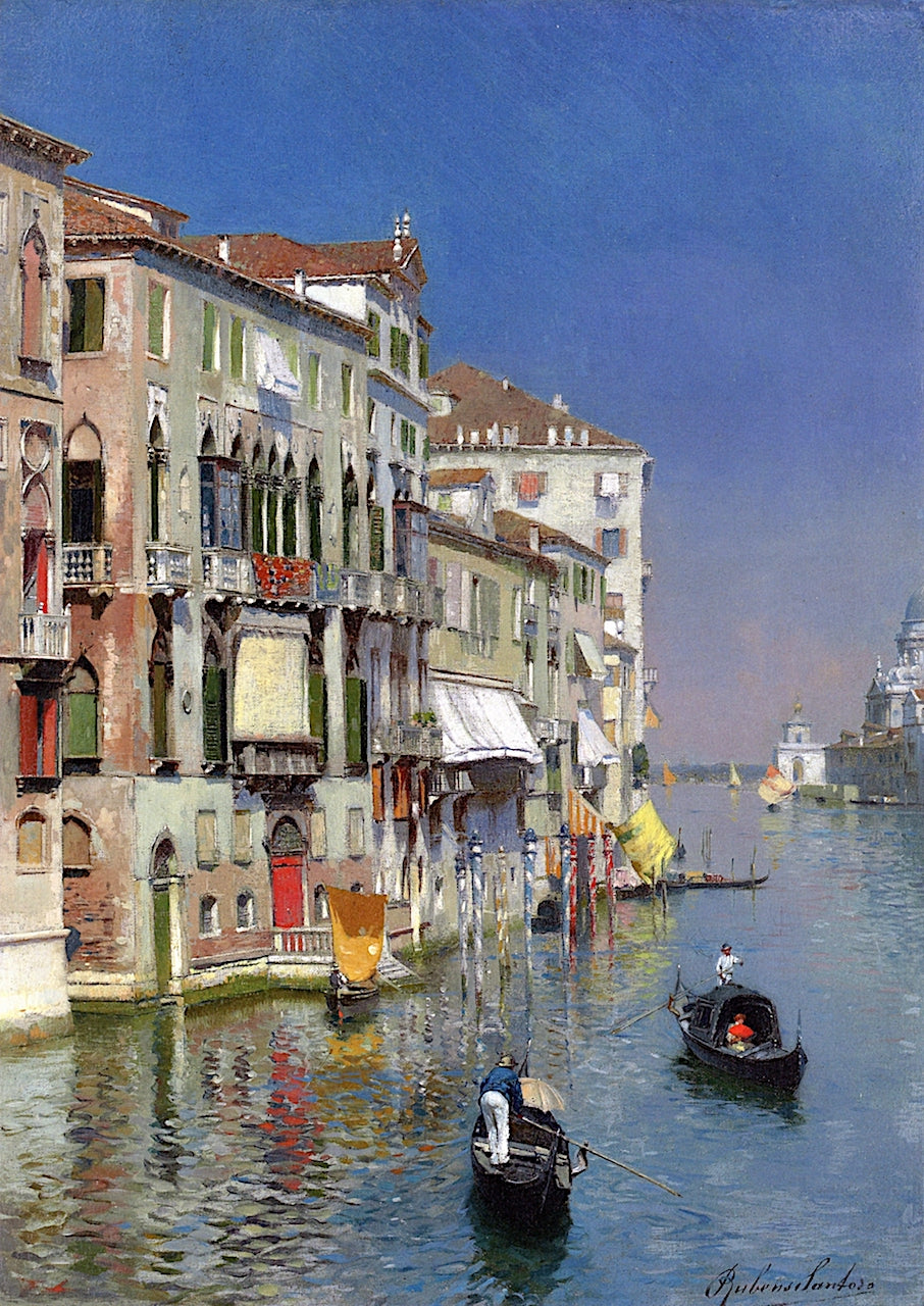 Gondolas on the Grand Canal, the Donna and Santa Maria della Salute beyond, Benice, vintage artwork by Rubens Santoro, 12x8" (A4) Poster
