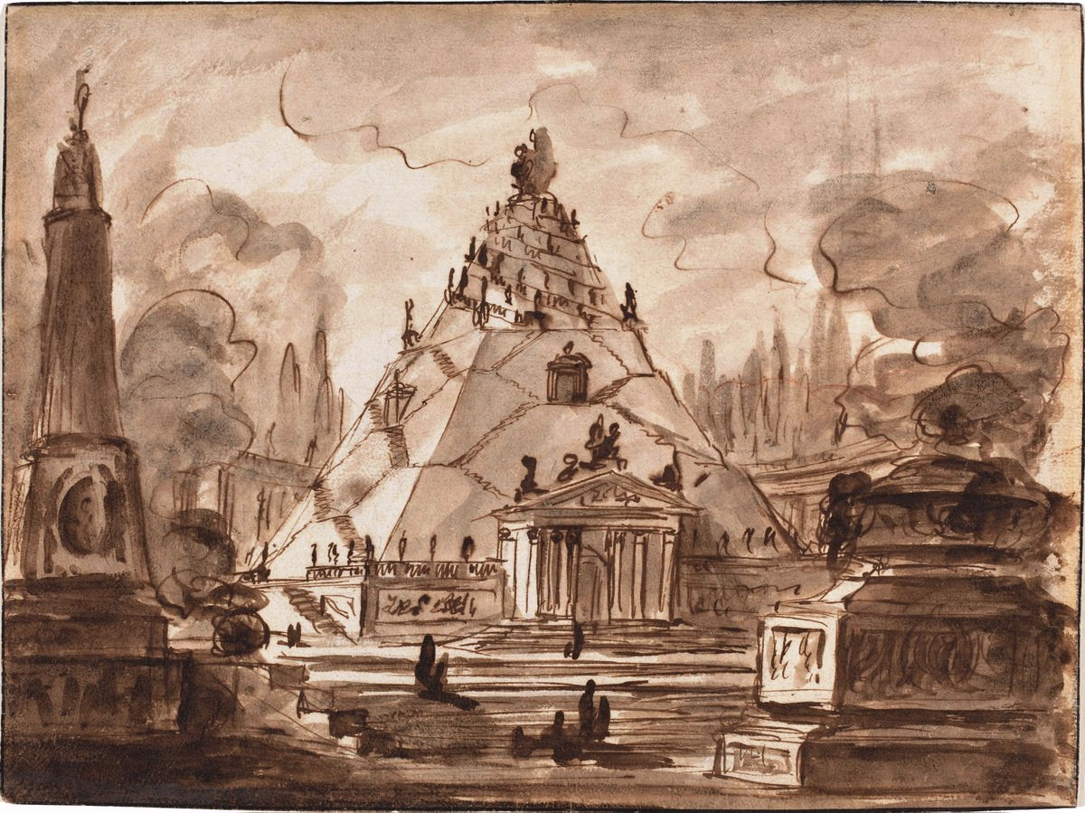 Architectural Fantasy with a Pyramidal Mausoleum, vintage artwork by Charles-Michel-Ange Challe, 12x8" (A4) Poster