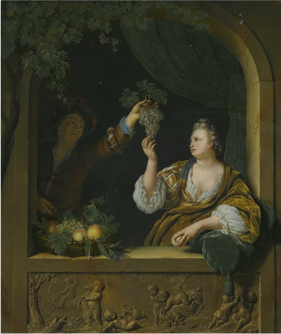 A Gentleman Offering a Lady a Bunch of Grapes, vintage artwork by Willem van Mieris, 12x8" (A4) Poster
