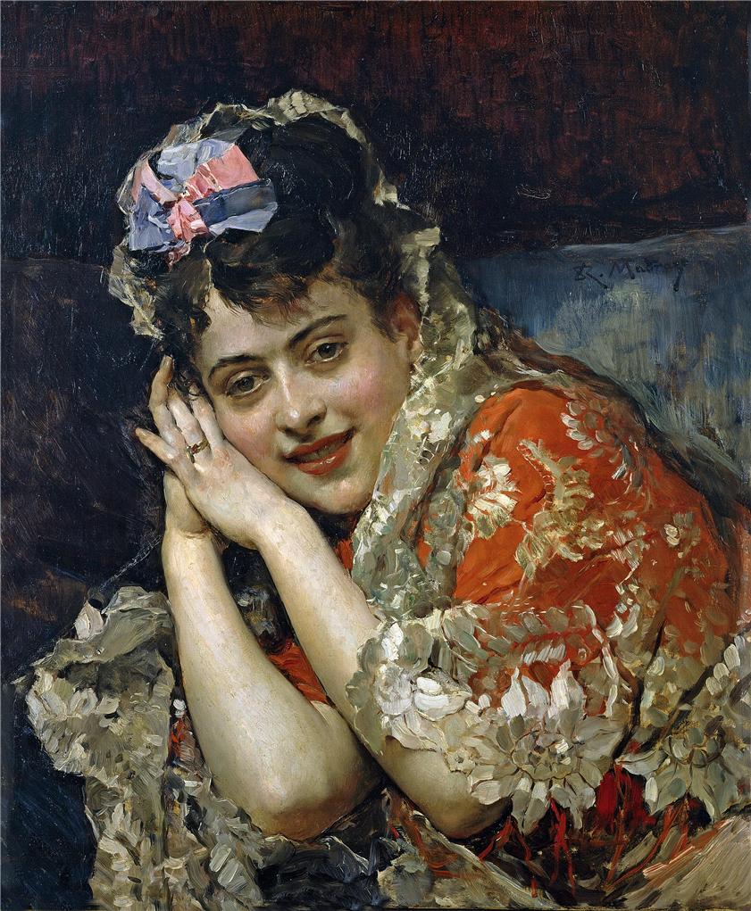 Aline Masson with a White Mantilla, vintage artwork by Raimundo de Madrazo y Garreta, 12x8" (A4) Poster