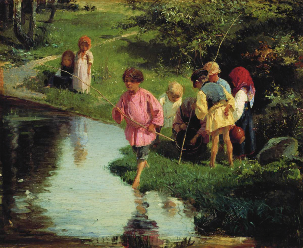 Children Fishing, vintage artwork by Illarion Pryanishnikov, 12x8" (A4) Poster
