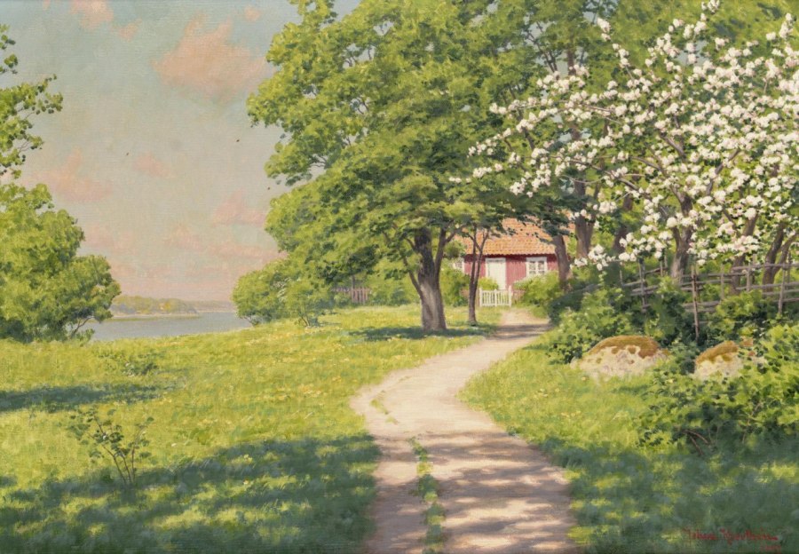 Cottage with flowering fruit trees by Johan Krouthen,A3(16x12")Poster