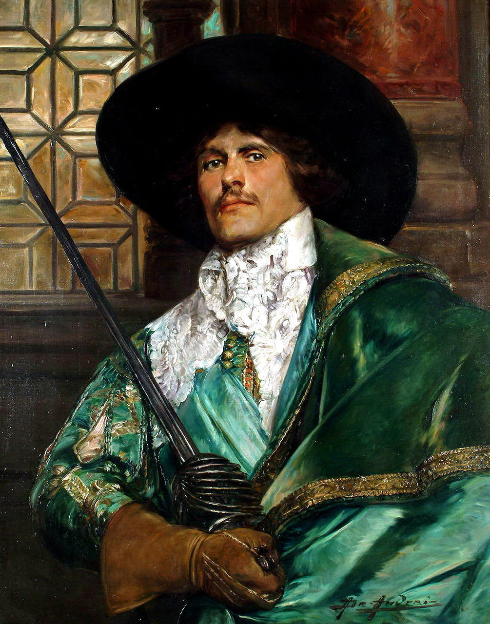 A Cavalier in Green Holding a Sword, vintage artwork by Alex de Andreis, 12x8" (A4) Poster