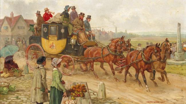 The London to Manchester Mail Coach, vintage artwork by George Goodwin Kilburne, 12x8" (A4) Poster