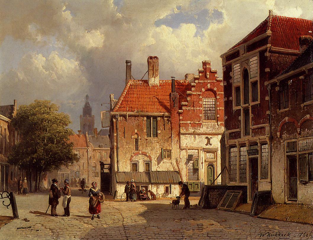 Figures in a Dutch Town Square, vintage artwork by Willem Koekkoek, 12x8" (A4) Poster