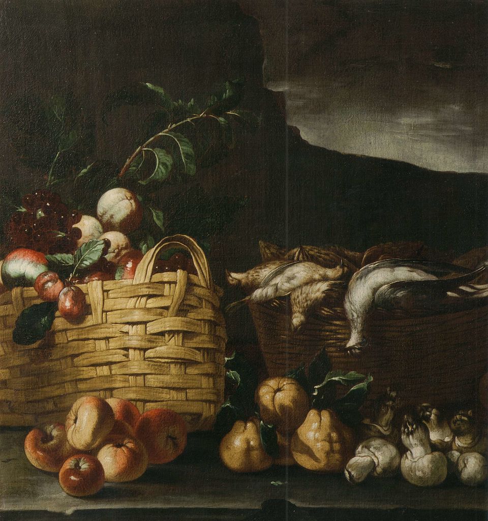 Still Life with Basket of Fruit, Birds and Mushrooms in a Landscape, vintage artwork by Simon del Tintore, 12x8" (A4) Poster