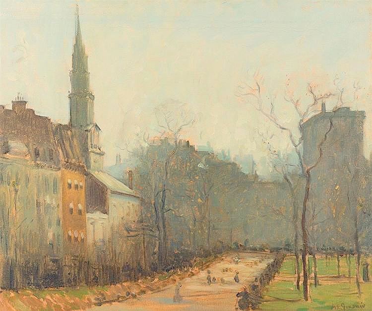 Boston Common View with Park Street Church, vintage artwork by Arthur Clifton Goodwin, 12x8" (A4) Poster