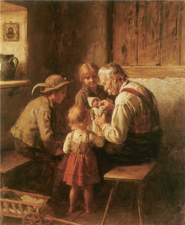 The Dollmaker, vintage artwork by Franz von Defregger, 12x8" (A4) Poster