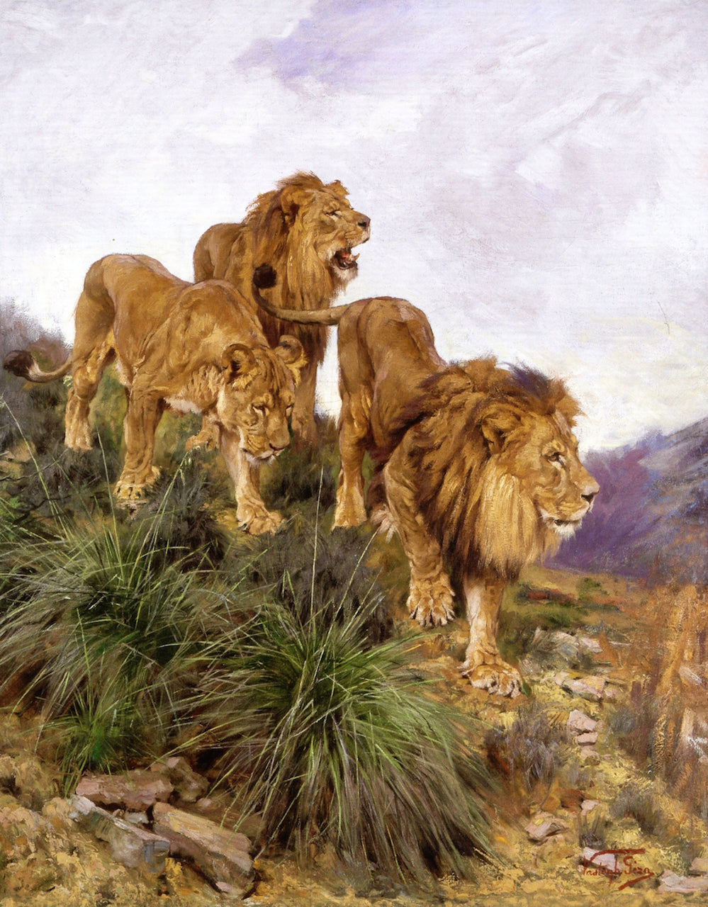Three Lions Walking Down a Rocky Hillside, vintage artwork by Geza Vastagh, 12x8" (A4) Poster