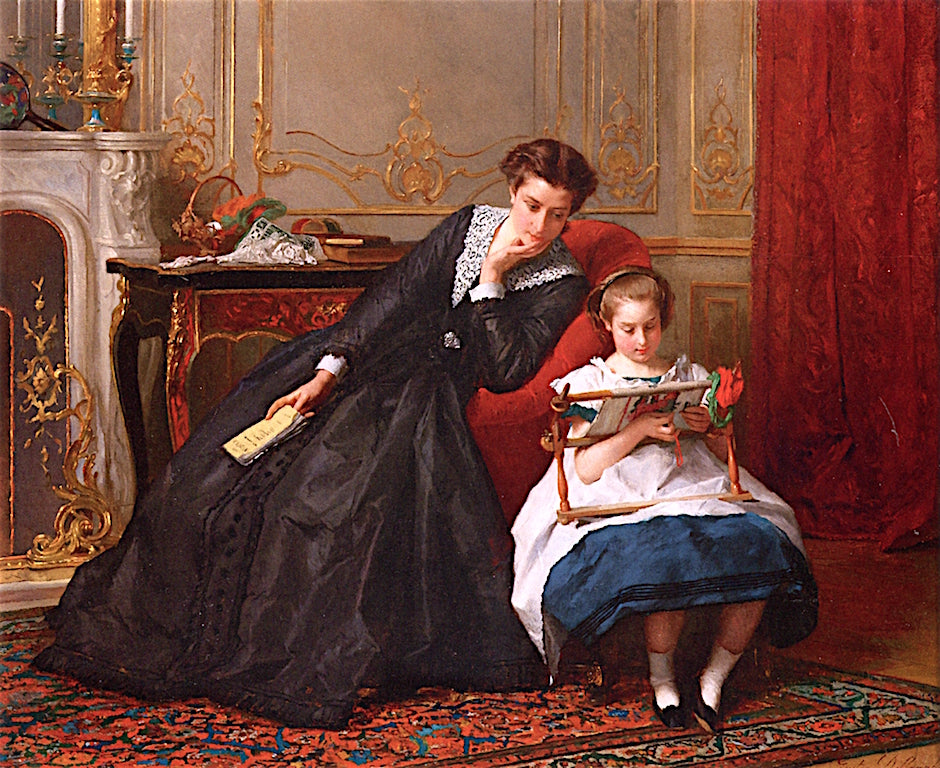 An Embroidery Lesson, vintage artwork by Gustave-Leonard de Jonghe, 12x8" (A4) Poster