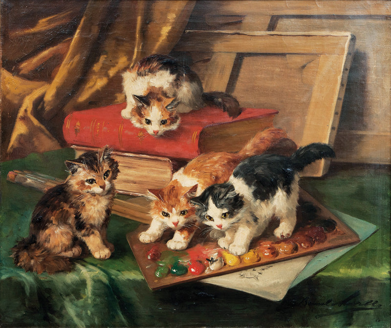 cats in the studio, vintage artwork by Alfred Brunel de Neuville, 12x8" (A4) Poster