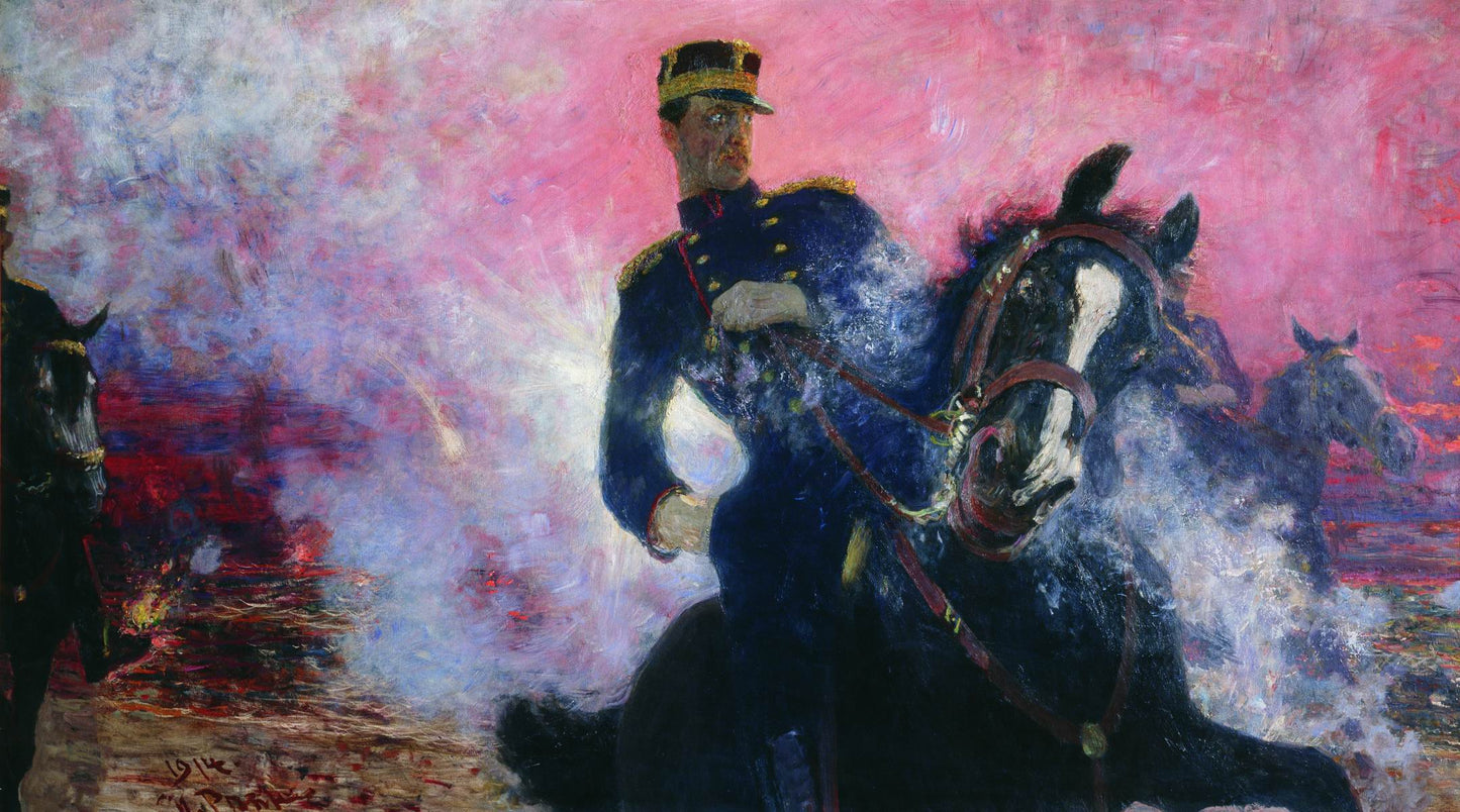 Belgian King Albert at the Moment of the Dam Explosion in 1914, vintage artwork by Ilia Efimovich Repin, 12x8" (A4) Poster
