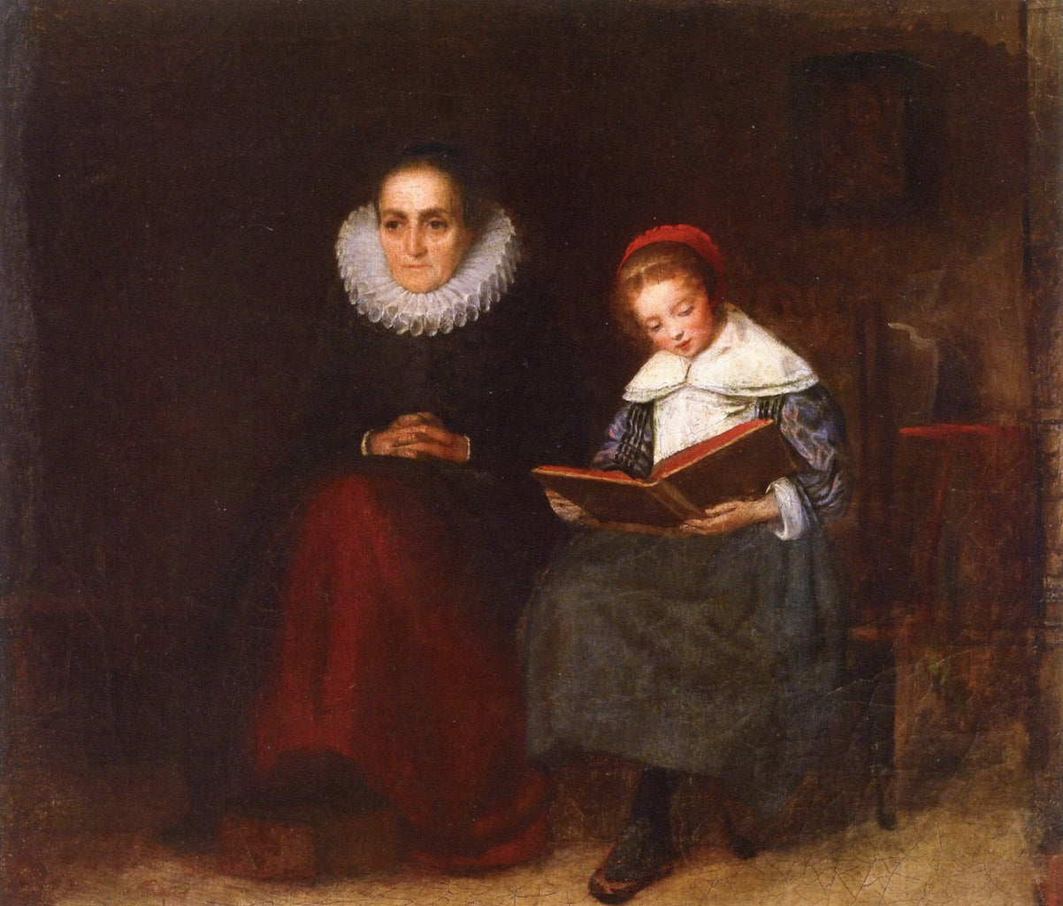 Old Woman and Child Reading a Book, vintage artwork by Richard Caton Woodville, 12x8" (A4) Poster