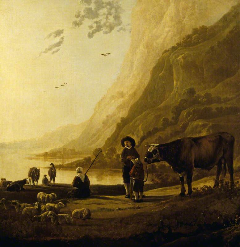 A Mountainous River Landscape with a Herdsman and a Bull, vintage artwork by Aelbert Cuyp, 12x8" (A4) Poster