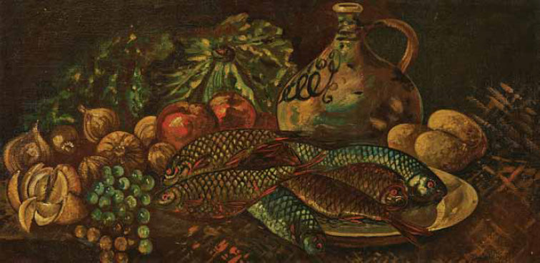 Still Life with Fish, Jug and Vegetables, vintage artwork by Sergei Sudeikin, 12x8" (A4) Poster
