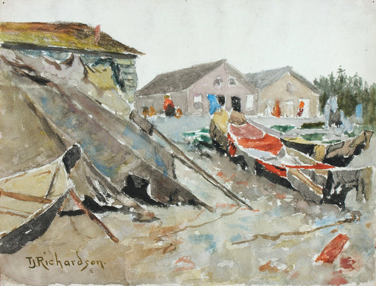 Drying Blankets over Canoes, vintage artwork by Theodore J. Richardson, 12x8" (A4) Poster