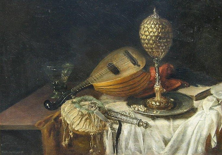 Still Life with Mandolin and Other Ornaments, vintage artwork by Karl Gebhardt, 12x8" (A4) Poster