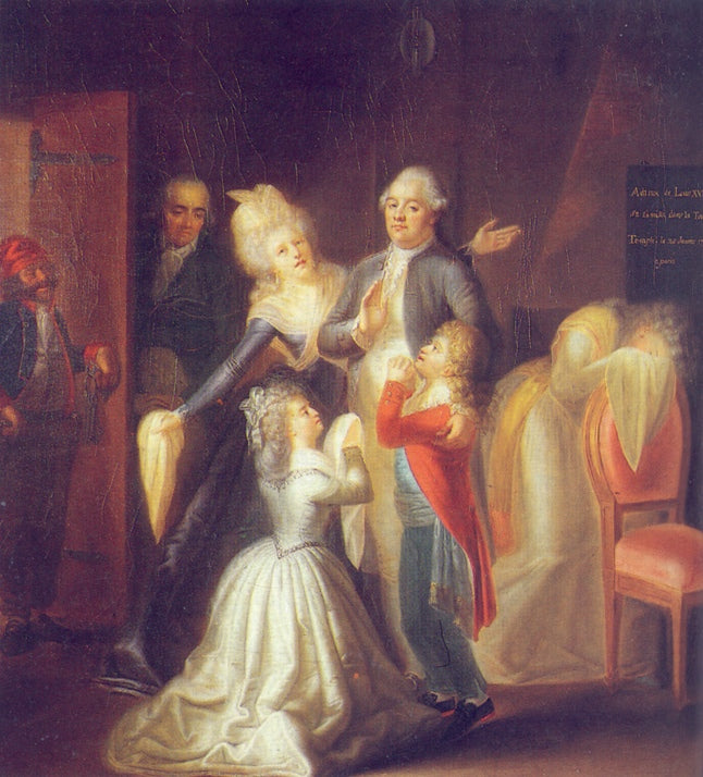 Farewell to Louis XVI by His Family in the Temple, 20th January 1793, vintage artwork by Jean-Jacques Hauer, 12x8" (A4) Poster